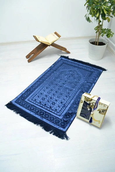 Özel Kutulu Hediyelik Lüks Kadife Dokuma Seccade ve Kristal Tesbih Seti Lacivert - Resim 2