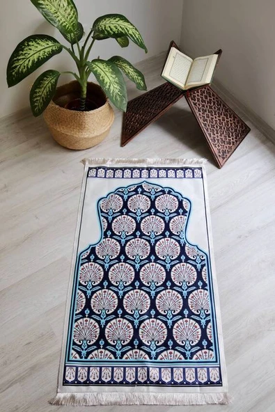 Lale Desenli İpek Dokulu Keseli Seccade Mavi Renk - Resim 5