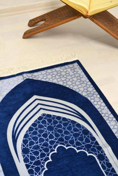 Mihrap Desenli Astarlı Seccade Saks Mavi - Resim 4