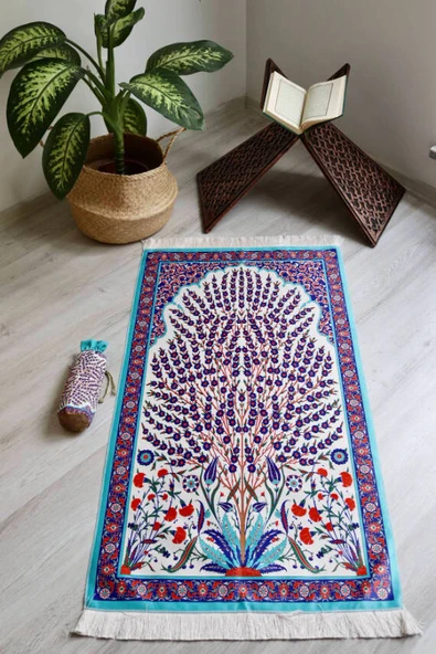 Çini Desenli İpek Dokulu Keseli Seccade Kırmızı - Resim 2