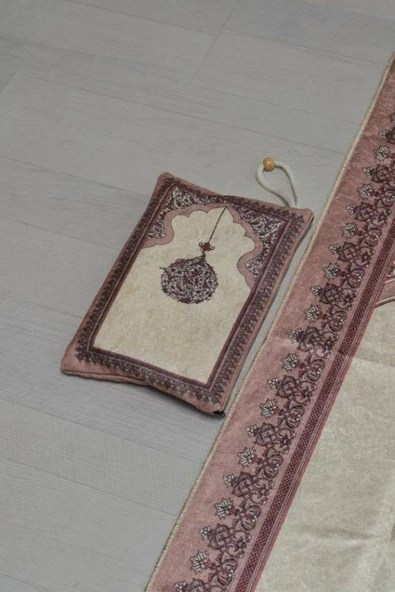 Pratik ve Taşınabilir İpek Dokulu Mihrap Desenli Çantalı Seccade Gül Kurusu - Resim 2