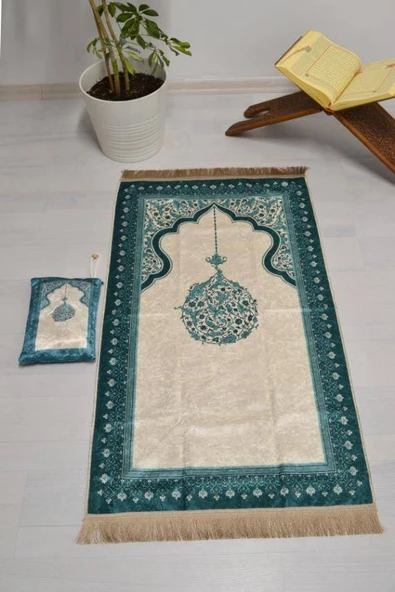 Pratik ve Taşınabilir İpek Dokulu Mihrap Desenli Çantalı Seccade Turkuaz ürün görseli