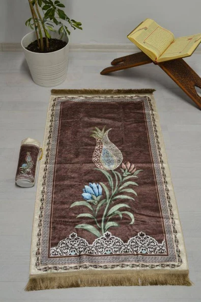 Pratik ve Taşınabilir İpek Dokulu Lale Desenli Keseli Seccade Kahverengi ürün görseli 1