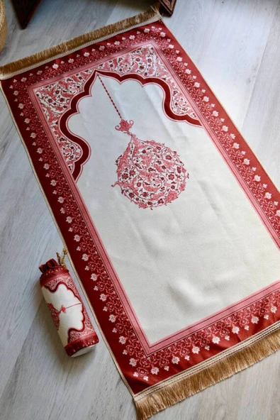 Mihrap Desenli İpek Dokulu Keseli Seccade Kırmızı Renk - Resim 3
