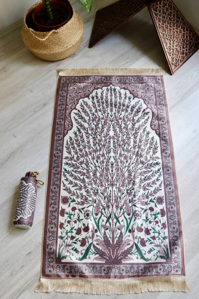 Çini Desenli İpek Dokulu Keseli Seccade Gül Kurusu - Resim 2