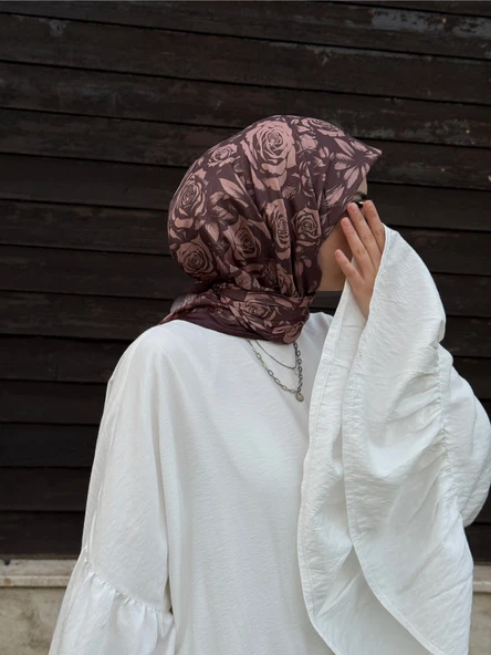 Pamuklu Soft Roza Desen Eşarp-Kahve/Gül Kurusu