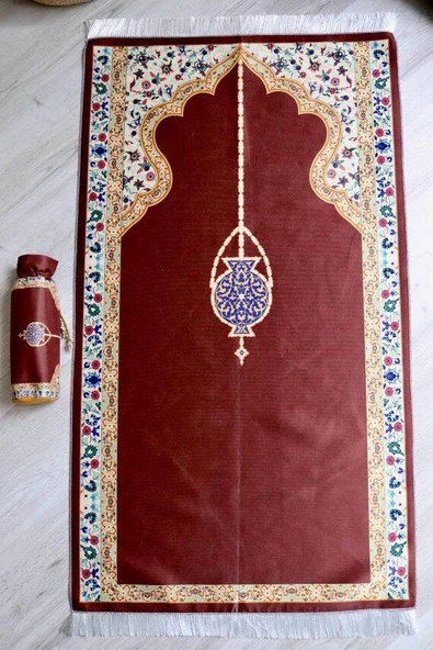 Mihrap Desenli İpek Dokulu Keseli Seccade Koyu Kırmızı Renk - Resim 2