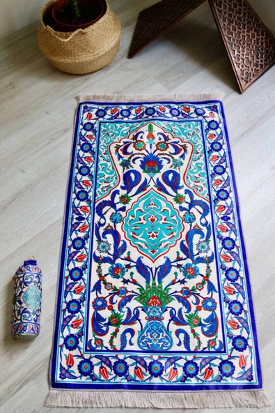 Ebru Desenli İpek Dokulu Keseli Seccade Mavi - Resim 3