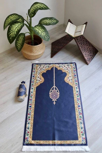 Mihrap Desenli İpek Dokulu Keseli Seccade Koyu Mavi - Resim 5