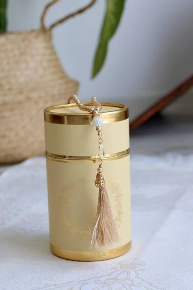 Silindir Kutulu Seccade ve İnci Tesbih Seti Gold Renk - Resim 3