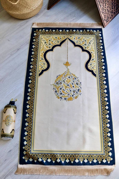 Mihrap Desenli İpek Dokulu Keseli Seccade Gold Renk - Resim 2