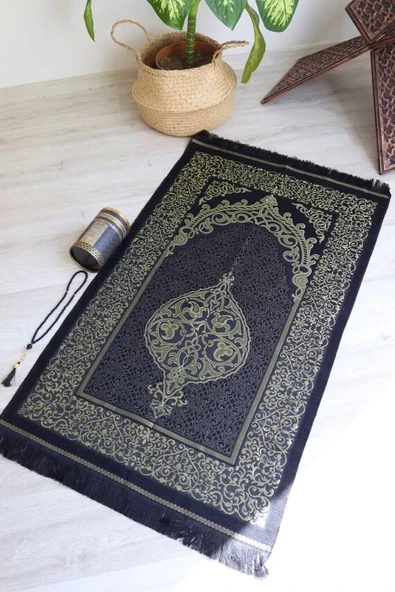 Silindir Kutulu Seccade ve İnci Tesbih Seti Kabe Desenli - Resim 3