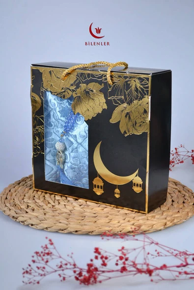 Özel Kutulu Hediyelik Lüks Kadife Dokuma Seccade ve Kristal Tesbih Seti Koyu Mavi - Resim 7