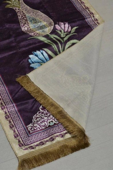 Pratik ve Taşınabilir İpek Dokulu Lale Desenli Keseli Seccade Mor - Resim 3