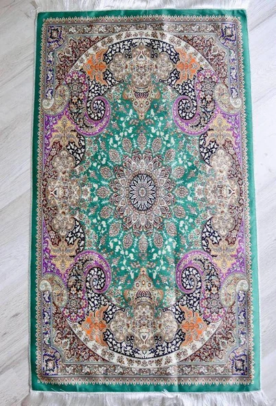 Halı Desenli İpek Dokulu Keseli Seccade Yeşil - Resim 4