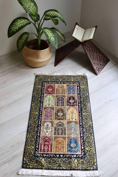 Kilim Desenli İpek Dokulu Keseli Seccade Kahverengi - Resim 5