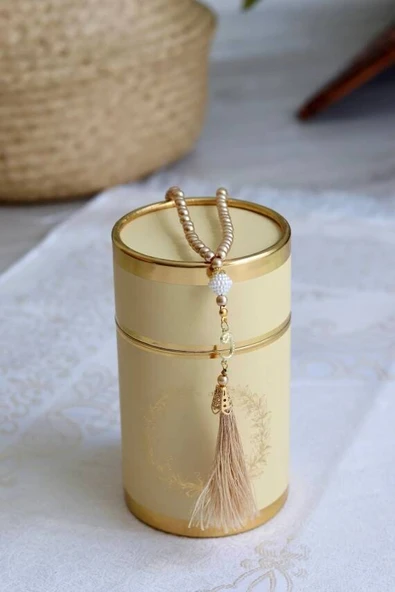 Silindir Kutulu Seccade ve İnci Tesbih Seti Gold Renk - Resim 6