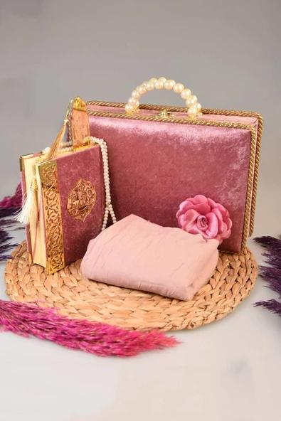 İnci Ahşap Kadife Kutulu Kuran-ı Kerim Çeyizlik-Hediyelik Set Gül Kurusu Renk ürün görseli