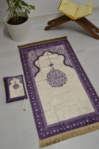 Pratik ve Taşınabilir İpek Dokulu Mihrap Desenli Çantalı Seccade Mor - Resim 6