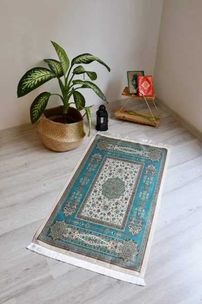 Halı Desenli İpek Dokulu Keseli Seccade Turkuaz - Resim 6