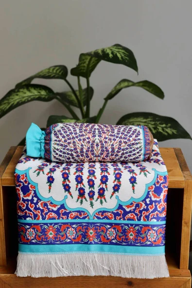 Çini Desenli İpek Dokulu Keseli Seccade Kırmızı - Resim 4