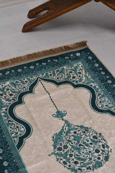 Pratik ve Taşınabilir İpek Dokulu Mihrap Desenli Çantalı Seccade Turkuaz - Resim 3