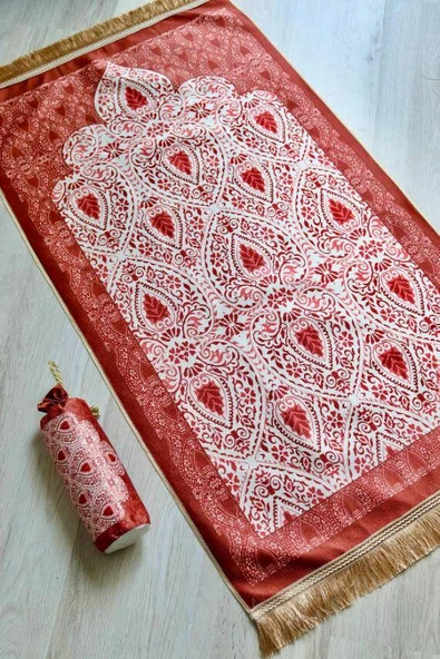 Rumi Desenli İpek Dokulu Keseli Seccade Kırmızı Renk - Resim 4