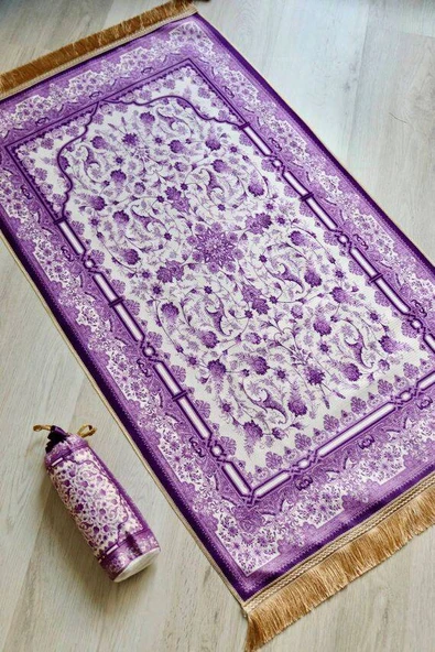 Gülhan Desenli İpek Dokulu Keseli Seccade Mor Renk - Resim 4