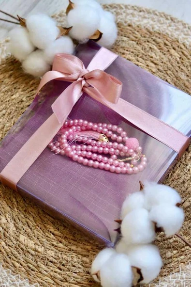 Hediyelik Mevlitlik Eşarp ve İnci Tesbih Set 1 Adet Gül Kurusu - Resim 3