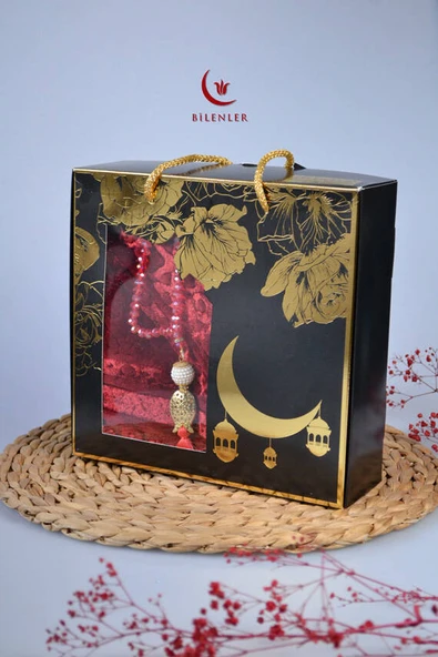 Özel Kutulu Hediyelik Lüks Kadife Dokuma Seccade ve Kristal Tesbih Seti Kırmızı - Resim 2