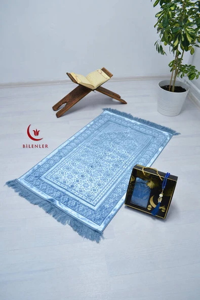 Özel Kutulu Hediyelik Lüks Kadife Dokuma Seccade ve Kristal Tesbih Seti Koyu Mavi - Resim 3