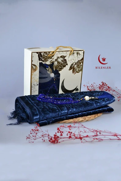 Özel Kutulu Hediyelik Lüks Kadife Dokuma Seccade ve Kristal Tesbih Seti Lacivert - 1