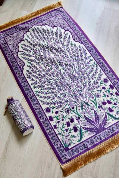 Çini Desenli İpek Dokulu Keseli Seccade Mor - Resim 3