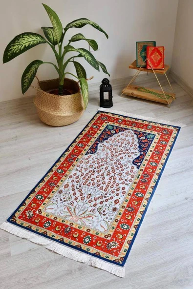 Küçük Çiçek Desenli İpek Dokulu Keseli Seccade Kırmızı ürün görseli