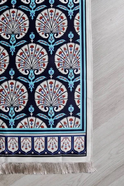 Lale Desenli İpek Dokulu Keseli Seccade Mavi Renk - Resim 2