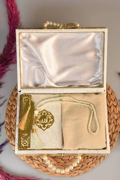 İnci Ahşap Kadife Kutulu Kuran-ı Kerim Çeyizlik-Hediyelik Set Krem Renk - Resim 2