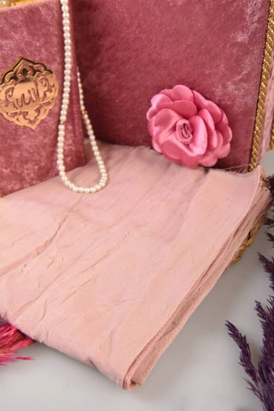 İnci Ahşap Kadife Kutulu Kuran-ı Kerim Çeyizlik-Hediyelik Set Gül Kurusu Renk - Resim 3