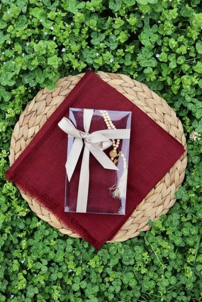 Hediyelik Mevlitlik Eşarp ve İnci Tesbih Set 1 Adet Bordo ürün görseli