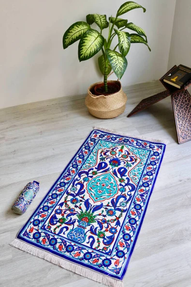 Ebru Desenli İpek Dokulu Keseli Seccade Mavi ürün görseli