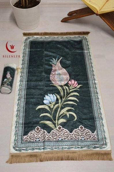 Pratik ve Taşınabilir İpek Dokulu Lale Desenli Keseli Seccade Yeşil