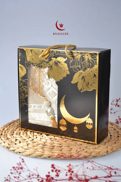 Özel Kutulu Hediyelik Lüks Kadife Dokuma Seccade ve Kristal Tesbih Seti Gold ürün görseli