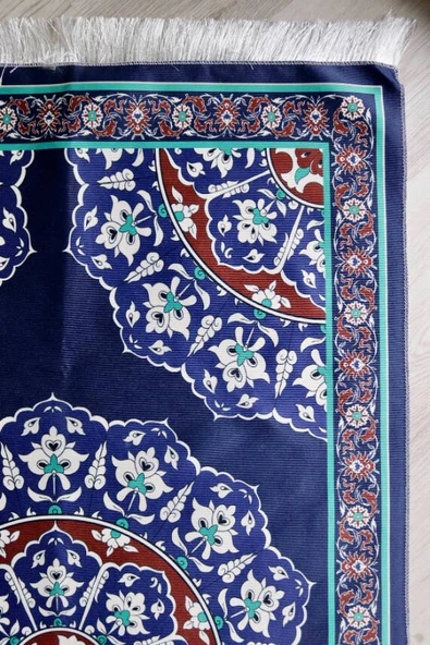 Halı Desenli İpek Dokulu Keseli Seccade Lacivert Renk - Resim 2