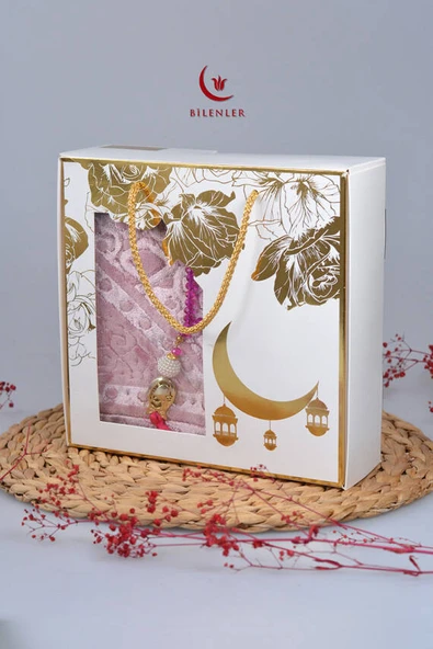 Özel Kutulu Hediyelik Lüks Kadife Dokuma Seccade ve Kristal Tesbih Seti Pembe - Resim 2