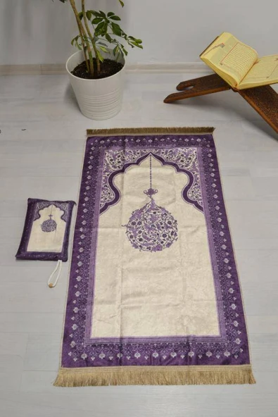Pratik ve Taşınabilir İpek Dokulu Mihrap Desenli Çantalı Seccade Mor