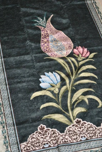 Pratik ve Taşınabilir İpek Dokulu Lale Desenli Keseli Seccade Yeşil - Resim 6