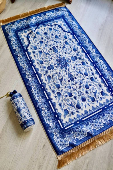 Gülhan Desenli İpek Dokulu Keseli Seccade Lacivert Renk - Resim 4