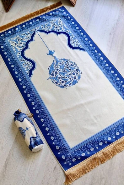 Mihrap Desenli İpek Dokulu Keseli Seccade Lacivert Renk - Resim 3