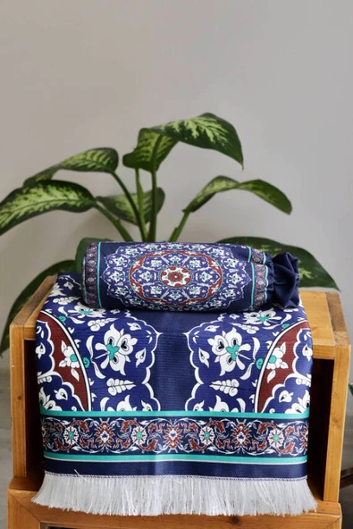 Halı Desenli İpek Dokulu Keseli Seccade Lacivert Renk - Resim 3