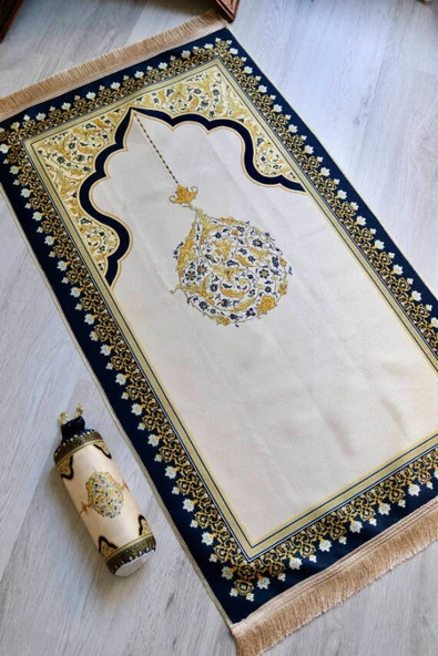 Mihrap Desenli İpek Dokulu Keseli Seccade Gold Renk - Resim 3