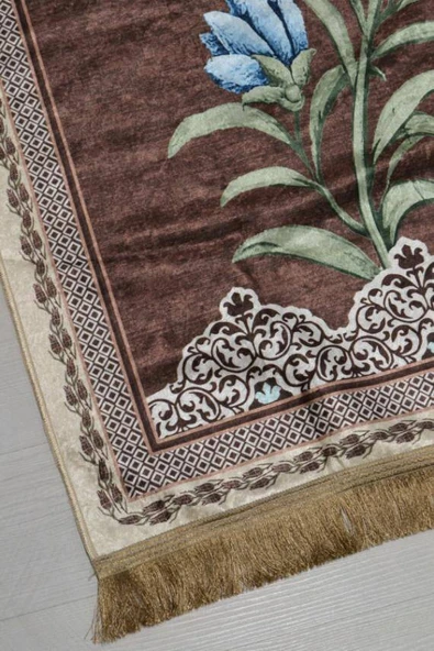 Pratik ve Taşınabilir İpek Dokulu Lale Desenli Keseli Seccade Kahverengi - Resim 4